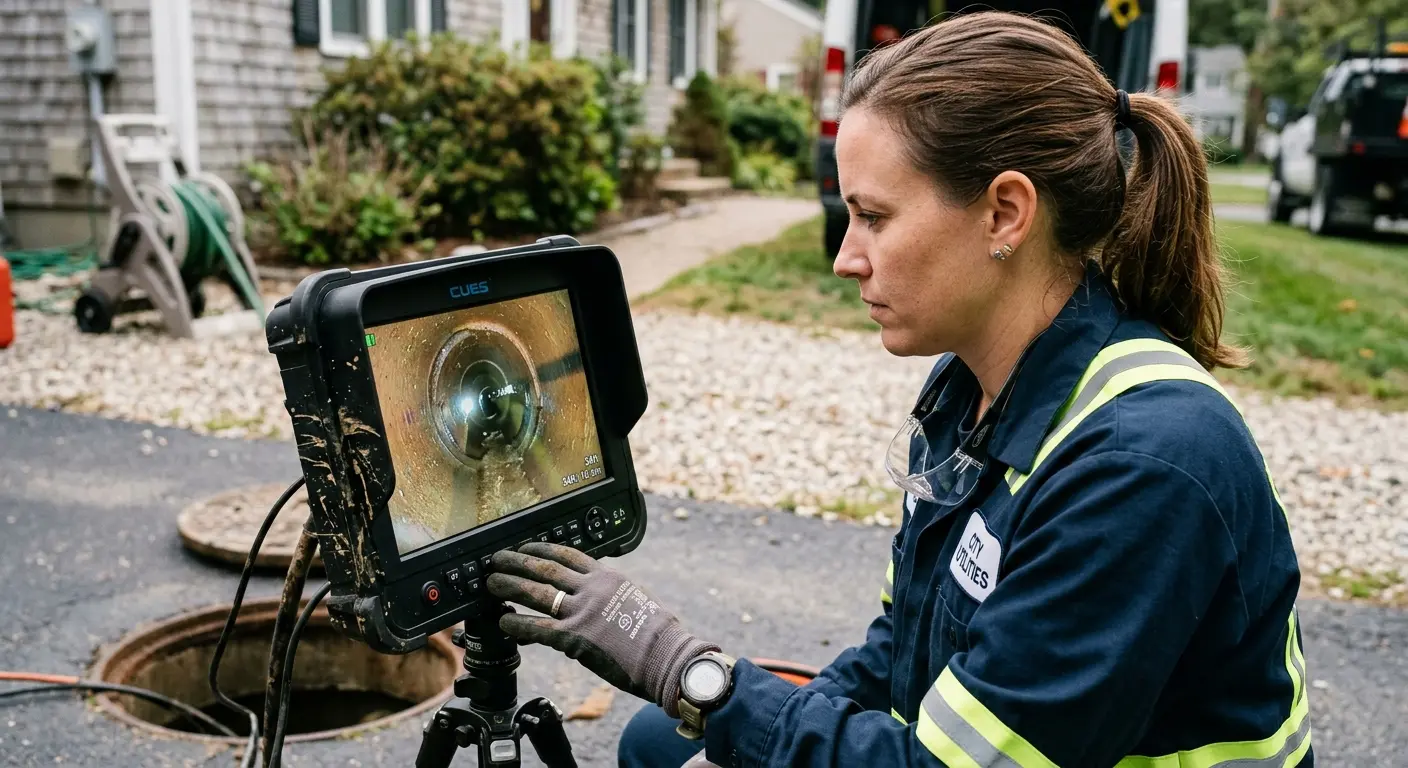 Technician reviewing sewer camera inspection footage in Saks
