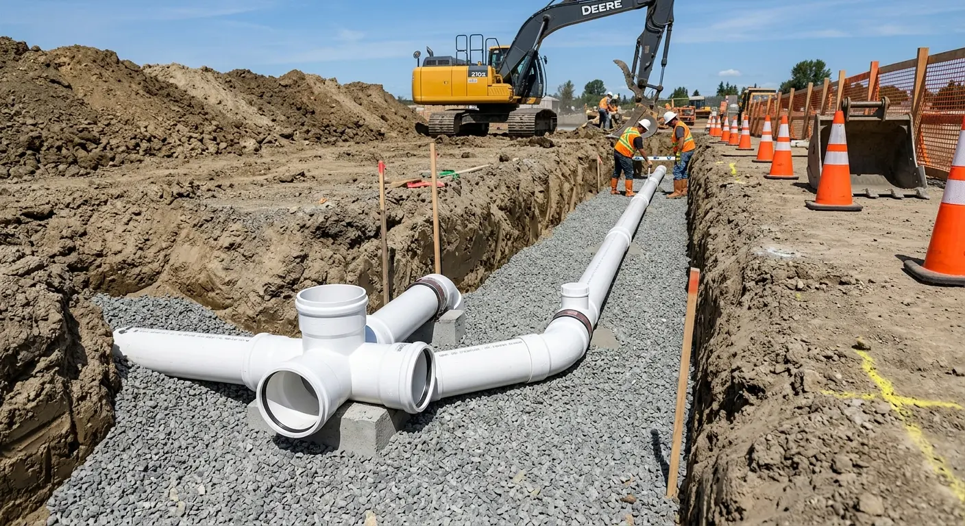New PVC sewer pipe installation in open trench for Sewer Backup in Saks